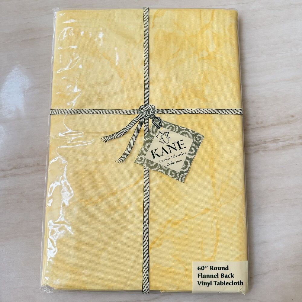 KANE 60” Round Flannel Back Vinyl Tablecloth Yellow Marbled Pattern New